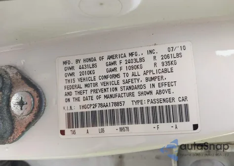 2010 Honda Accord 2.4 Ex из США, поврежденный, VIN 1HGCP2F78AA178857